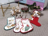 Cute Holiday Grouping, Brass Stocking holders, puppy stocking