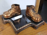 Pair of Bronze Shoes with Metal Ashtray Stand, dated 1986