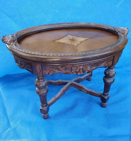 Beautiful antique wood Inlay Butler's serving table, lift off serving tray(without glass), hand