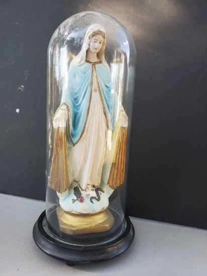 Mother Mary, under glass, Chalkware statue