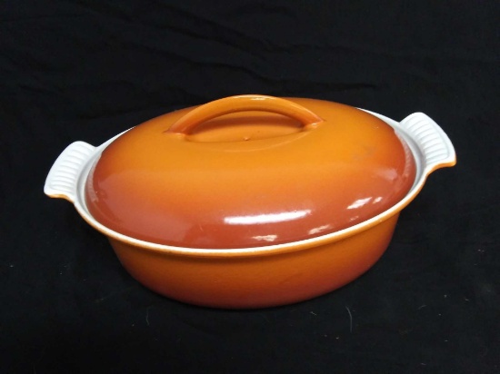 Vintage HOLLAND #26 Orange Enameled Cast Iron Oval Covered Casserole Dish