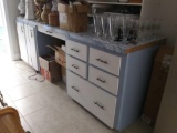 long vintage style Blue Marble formica desk with white cabinets and drawers