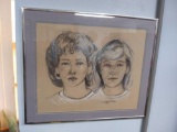framed and matted portrait sketch of two girls, signed Suzanne Richardson 1987 Quebec