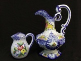 Pair of Beautiful Blue Vestal Hand Painted Alcobach Portugal Pitchers