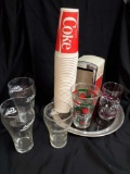 Vintage COKA COLA grouping including JOSTEN'S Pewter/glass tray, Napkin holder and more