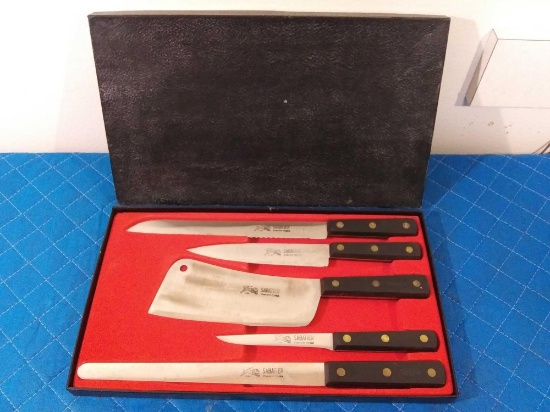 5 Pc VINTAGE SABATIER stainless France knife set, in Velveteen-lined box