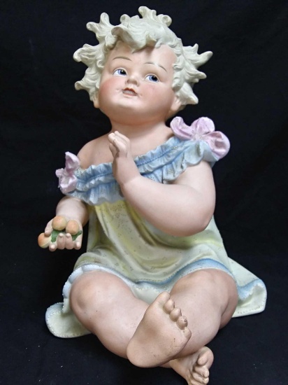 LARGE 13.5" GERMAN? BISQUE PIANO BABY DOLL FIGURE W/ FRUIT