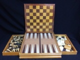 Vintage Double Drawer Chess /Checkers/ Backgammon Wooden Game Set