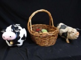 Country Farmhouse Style Basket and Cow Bank with Pig