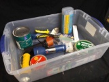 Tray of Garage and Tool Items Including Kiefee Chamois, Flashlights, and Duct Tape