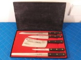 5 Pc VINTAGE SABATIER stainless France knife set, in Velveteen-lined box