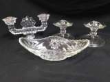 4 pc. Heavy Vintage Glass Including Pair of Etched Candlestick Holders