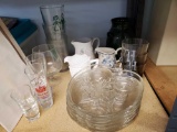 Shelf grouping including FENTON hobnail creamer, vintage luncheon plates, H glasses