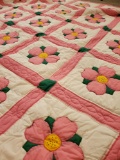 Large Pink Dogwood style quilt, appears handmade