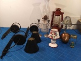 Great varied grouping of candle holders and lanterns- oil, glass, copper, wrought iron, ceramics,