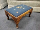 Needlepoint/embroidered foot stool with wood frame and legs