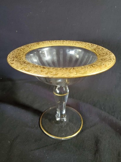 LIMOGES style pedestal bowl, ribbed etched glass/crystal, ornate gold gilt etched top rim band