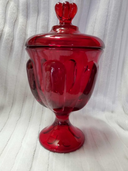 Vintage 1960's VIKING(?) Art Glass 6 Petal Covered Candy Dish RUBY Red