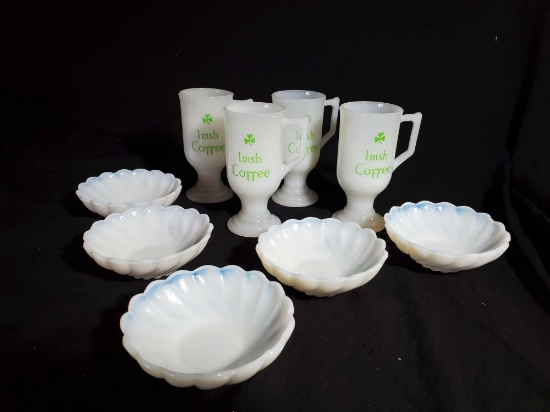 Vintage Milk glass including Irish Coffee mugs and swirl dessert bowls