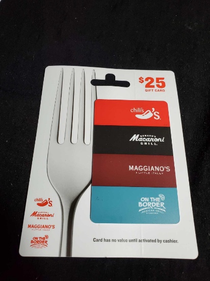 $25 Gift card, unused, balance confirmed active, Chilis, Macaroni Grill, Maggianos, On The Border