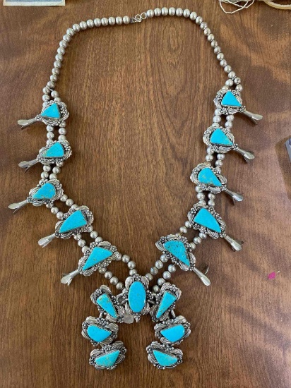 Fabulous Squash Blossom Silver and Turquoise Necklace
