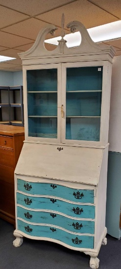 Adorable Claw Foot Secretary Desk/Cabinet, blue and White, with Key