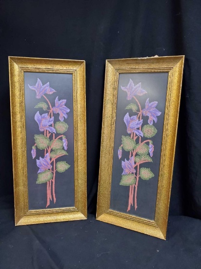 2 Floral On Black Needlepoint in Gold frames