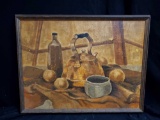 Vintage framed Still Life painting on canvas featuring Copper Kettle