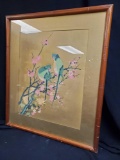 Vintage Parakeet painting, framed Bamboo style, under glass