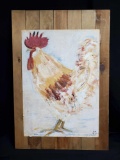 Rooster Farm Art, Hand Painted on paper, mounted on wood