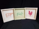 (3) Farm Animals in frames- cow,chicken hen, bunny rabbit