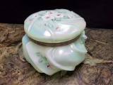 Fenton ? PUFF BOX Wavecrest Opalescent green Blossom handpainted