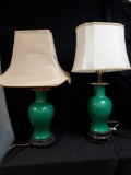 (2) very similiar Green Oriental style Ceramic and wood base lamps