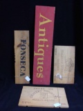 4 Pc Shabby Chic Wooden Signage, Wine and Antiques