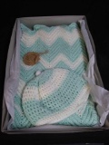 NEW Aqua and white Handmade by Grandma, baby blanket with matching cap