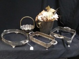 strong vintage metal / silverplate footed cassarole dish holder/stands including bucket with cotton