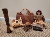 Vintage Primitives including Bobbin, woven purse, rag doll