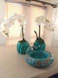 Stone and Ceramic Tiffany Blue-ish Linen Orchids with Ceramic Birdbath