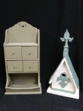 Pair of Shabby Chic Decor: Wall Mountable Sectioned Organizer and Bird House