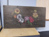 Lovely Hand Painted Stenciled, Floral, Dark Stained Pine Board Decor