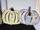 2 Wooden Painted Pumpkins, green and blue