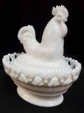 IMPERIAL IG white Milk Glass, lidded ROOSTER DISH