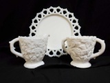 Vintage WESTMORELAND Bramble Milk glass Creamer and open Sugar with plate