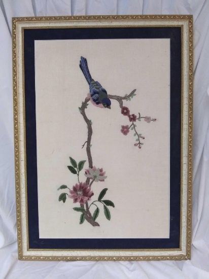 Beautiful, Framed CREWEL embroidered Bird on a Blossom limb
