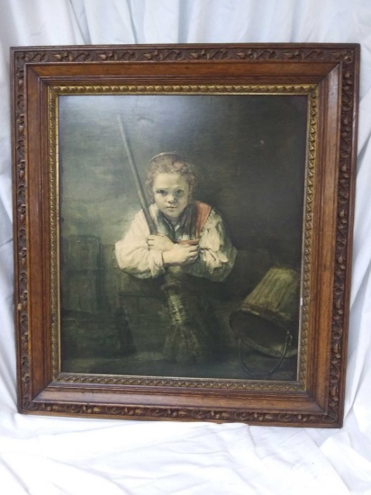 Girl with A Broom, Large, Old Framed Picture