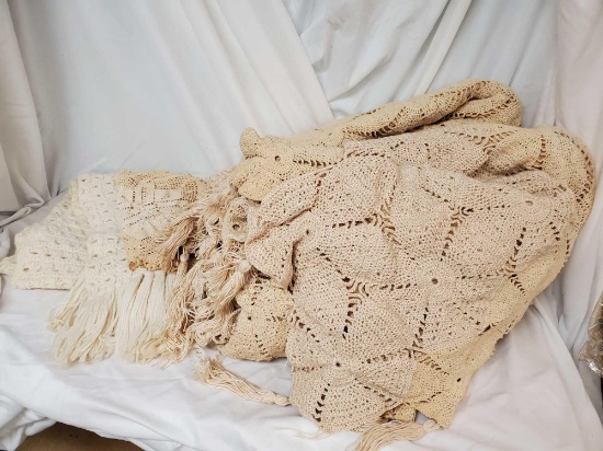 Vintage Crocheted bedspread with tassels plus throw/wrap and doily