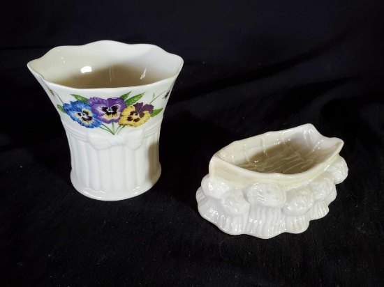 (2) BELLEEK Porcelain pieces-Boat Ashtray and Pansy Vase