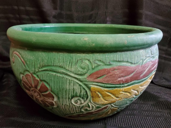 Enormous Awesome Planter/ hose keeper, Pottery, Green Red Yellow, floral design