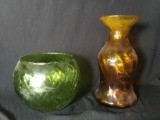 pair of pretty glass including Amber hour glass vase and green diamond Fish Bowl