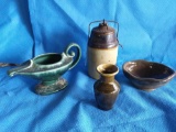 neat ceramic grouping including petite signed vase, Aladdin's lamp planter, Lidded The Weir Crock